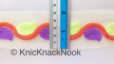 Beige Net With Green, Purple And Orange Embroidery, Leaves Pattern Trim